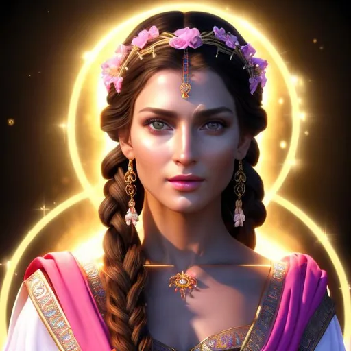 Prompt: HD 4k 3D 8k professional modeling photo hyper realistic beautiful priestess woman ethereal greek goddess truth, honesty and faith
green braided buns hair light hazel eyes fair skin gorgeous face pink cheeks shiny embroidered grecian robes religious jewelry religious crown full body surrounded by holy glow hd landscape background stained glass greek temple lamps candles petals
