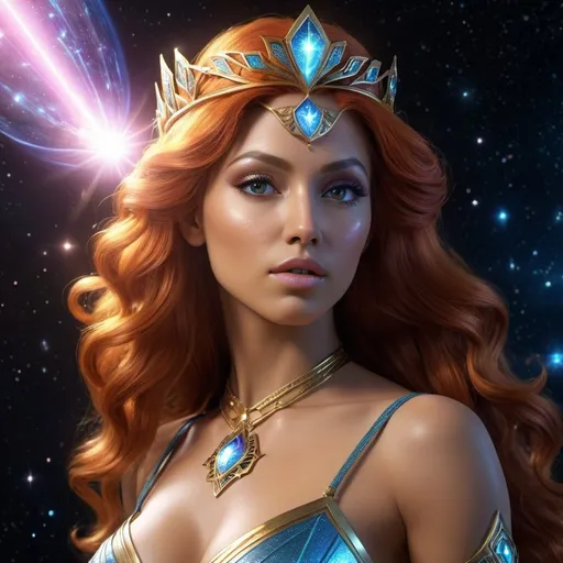 Prompt: HD 4k 3D, hyper realistic, professional modeling, enchanted Cosmic Princess - Starfire, strong, beautiful, magical, superpowers, outer space, detailed, elegant, ethereal, mythical, Greek goddess, surreal lighting, majestic, goddesslike aura