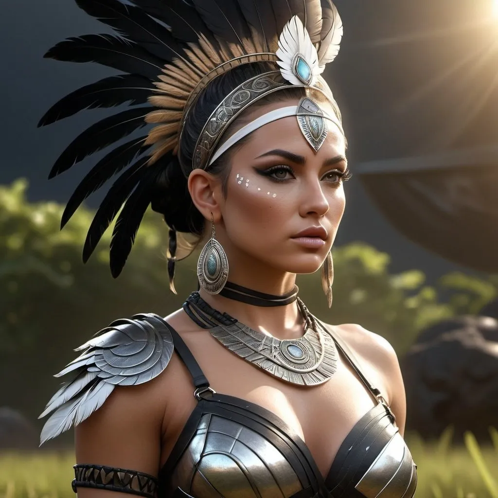 Prompt: HD 4k 3D, 8k, hyper realistic, professional modeling, ethereal Greek Goddess and Amazonian Warrior, white messy bun hair, mixed skin, gorgeous glowing face, Amazonian Warrior armor, obsidian jewelry and headband, Amazon warrior, tattoos, full body, plains and fields, adorned with black feathers, furious and strong, surrounded by ambient divine glow, detailed, elegant, mythical, surreal dramatic lighting, majestic, goddesslike aura