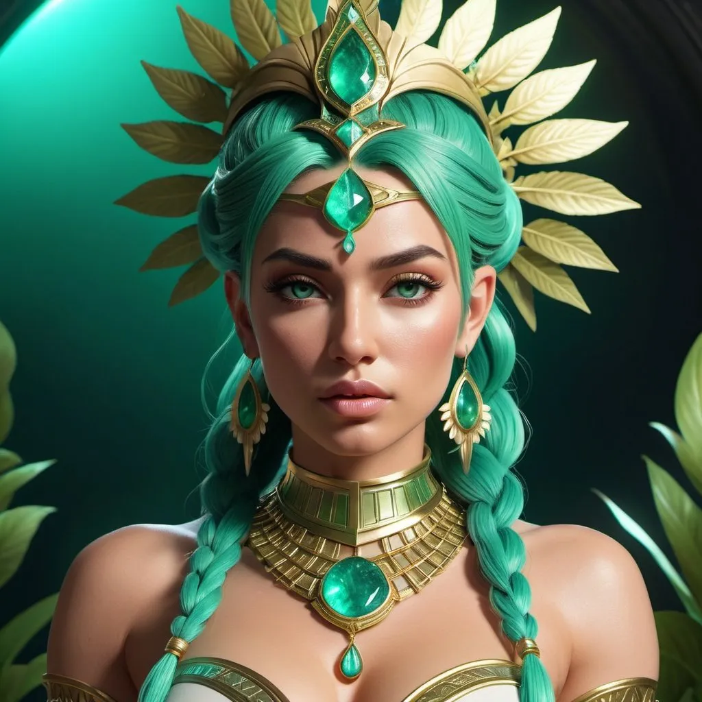 Prompt: HD 4k 3D, 8k, hyper realistic, professional modeling, ethereal Greek Goddess and Amazonian Warrior, green ponytail hair, ivory skin, gorgeous glowing face, Amazonian Warrior armor, apatiite jewelry and crown, Amazon warrior and hunter, full body, adorned with petunia flowers, strong, powerful, surrounded by ambient divine glow, detailed, elegant, mythical, surreal dramatic lighting, majestic, goddesslike aura