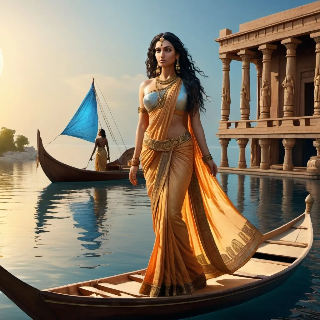 Prompt: HD 4k 3D 8k professional modeling photo hyper realistic beautiful woman enchanted Indian Princess Aouda, ethereal greek goddess, full body surrounded by ambient glow, magical, highly detailed, intricate, beautiful wearing a sari, boat on indian river, sorceress, ancient indian temples, outdoor landscape, highly realistic woman, high fantasy background, elegant, mythical, surreal lighting, majestic, goddesslike aura, Annie Leibovitz style 

