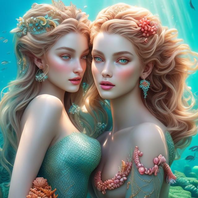 Prompt: HD 4k 3D 8k professional modeling photo hyper realistic beautiful group of women ethereal greek goddesses sea nymphs mermaids
gorgeous faces coral  jewelry coral headpieces white and gold mermaid tails and top full body surrounded by ambient glow hd landscape under the sea
