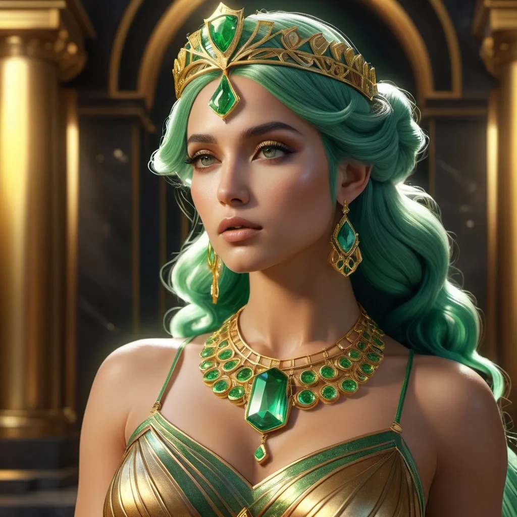 Prompt: HD 4k 3D, 8k, hyper realistic, professional modeling, ethereal Greek Goddess Argive Princess, green hair, tan skin, gorgeous glowing face, regal gown, yellow gemstone jewelry and diadem, bronze chamber, riches, tower, surrounded by ambient divinity glow, detailed, elegant, mythical, surreal dramatic lighting, majestic, goddesslike aura