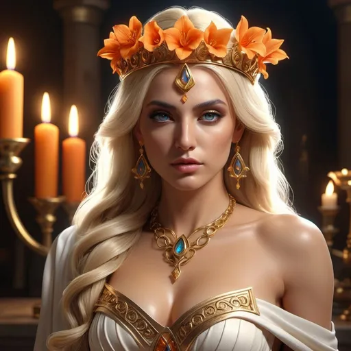 Prompt: HD 4k 3D, 8k, hyper realistic, professional modeling, ethereal Greek Goddess Evil Sorceress, blonde half up hair, beige skin, gorgeous glowing face, sorcerer gown, orange gemstone jewelry and crown, magic, poison, snapdragon flowers, surrounded by ambient divinity glow, detailed, elegant, mythical, surreal dramatic lighting, majestic, goddesslike aura