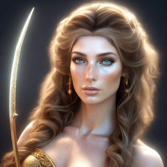Prompt: HD 4k 3D, hyper realistic, professional modeling, ethereal Greek goddess of distance, gold ombre hair, pale freckled skin, gorgeous face, gorgeous archer armor,  rustic jewelry and headband, full body, ambient glow, archery maiden, nymph, landscape, detailed, elegant, ethereal, mythical, Greek, goddess, surreal lighting, majestic, goddesslike aura