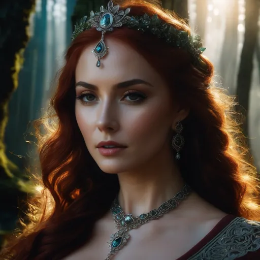 Prompt: Annis, evil English witch, hyper realistic, HD 4k 3D, professional modeling, ethereal, auburn red hair, olive skin, gorgeous face, gorgeous jewelry and headpiece, she lives in a cave with a large oak tree at the entrance in the English hills, ambient divine glow, detailed and intricate, elegant, ethereal, mythical, goddess, radiant lighting, majestic, goddesslike aura