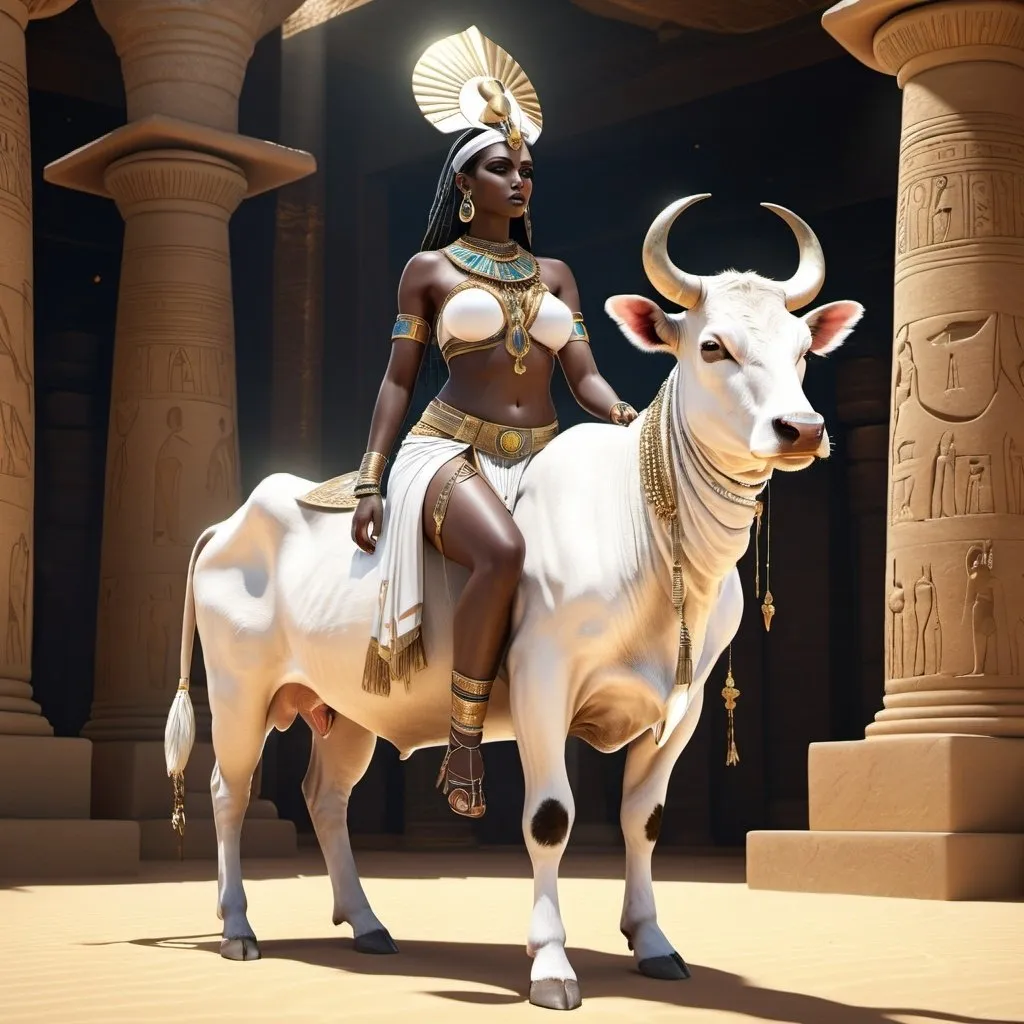 Prompt: HD 4k 3D, 8k, hyper realistic, professional modeling, ethereal Egyptian Cow Goddess Hesat, beautiful, glowing dark skin, white hair, mythical clothing and jewelry, headband, cow goddess, full body, riding a white cow in a beautiful oasis, Fantasy setting, surrounded by ambient divine glow, detailed, elegant, surreal dramatic lighting, majestic, goddesslike aura, octane render