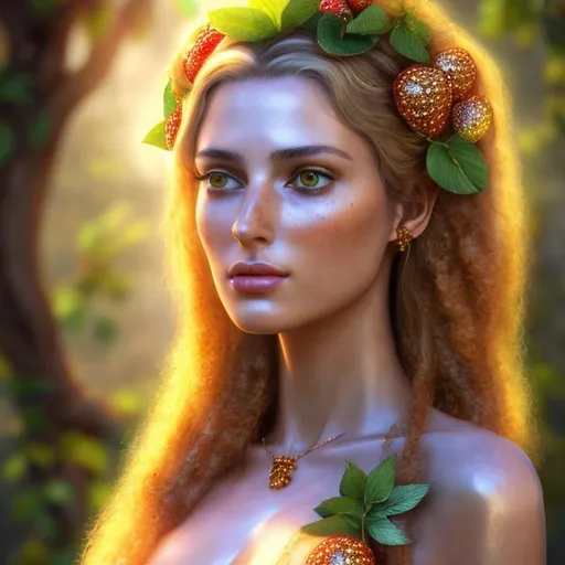 Prompt: HD 4k 3D, hyper realistic, professional modeling, ethereal  Greek goddess of fruit trees, amber hair, mixed freckled skin, gorgeous face, gorgeous fruit tree dress, tree jewelry and amber tiara, full body, ambient sunshine glow, fruit tree nymph, landscape, detailed, elegant, ethereal, mythical, Greek, goddess, surreal lighting, majestic, goddesslike aura