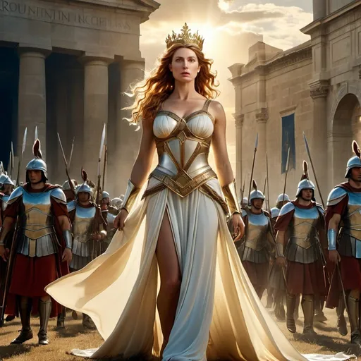 Prompt: HD 4k 3D 8k professional modeling photo hyper realistic beautiful woman enchanted Princess Cordelia of France, ethereal greek goddess, full body surrounded by ambient glow, magical, highly detailed, intricate, leading French army carrying banner, brave and good, outdoor war scene landscape, high fantasy background, elegant, mythical, surreal lighting, majestic, goddesslike aura, Annie Leibovitz style 

