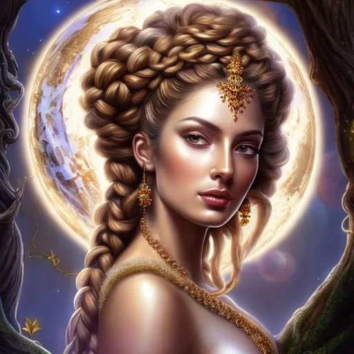 Prompt: HD 4k 3D, hyper realistic, professional modeling, ethereal  Greek goddess of walnuts and hazelnuts, pink dutch braids hair, black skin, gorgeous face, gorgeous tree dress, tree jewelry and walnut hazelnut crown, full body, ambient glow, walnut and hazelnut tree nymph, landscape, detailed, elegant, ethereal, mythical, Greek, goddess, surreal lighting, majestic, goddesslike aura