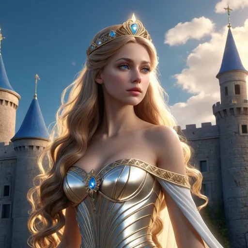 Prompt: HD 4k 3D, hyper realistic, professional modeling, enchanted German Princess, very long hair, castle tower, beautiful, magical, detailed, elegant, ethereal, mythical, Greek goddess, surreal lighting, majestic, goddesslike aura