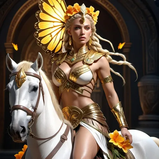 Prompt: HD 4k 3D, 8k, hyper realistic, professional modeling, ethereal Greek Goddess and Amazonian Warrior, blonde braided hair, white skin, gorgeous glowing face, Amazonian Warrior armor, citrine jewelry and headpiece, Amazon warrior, tattoos, full body, fierce, adorned with butterflies and alstroemeria flowers, riding a mare, surrounded by ambient divine glow, detailed, elegant, mythical, surreal dramatic lighting, majestic, goddesslike aura