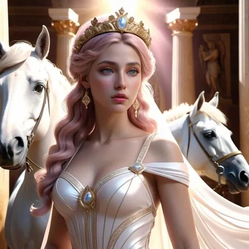 Prompt: HD 4k 3D, hyper realistic, professional modeling, ethereal Greek sister Princesses, shining hair, white skin, gorgeous face, bridal gowns, pink calcite jewelry and headbands, full body, horses, cherubs, surrounded by divine glow, detailed, elegant, ethereal, mythical, Greek, goddess, surreal lighting, majestic, goddesslike aura