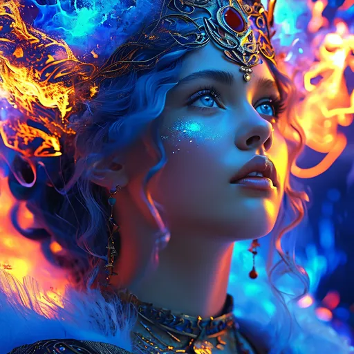 Prompt: Mefitis, blue haired Roman Goddess of Volcanoes, pre-Raphaelite time-lapse motion blur Abstract* cyber graffiti, High resolution, detailed portrait, Midjourney style, ethereal atmosphere, flowing hair, captivating eyes, cosmic mystical aura, vibrant colors, soft lighting, professional, digital painting, enchanting presence, fantasy, dreamy, female, mystical, detailed hair, captivating gaze, professional lighting, hyper realistic, HD 4k 3D, professional modeling, ethereal, gorgeous face, ambient divine glow, detailed and intricate, elegant, ethereal, mythical, goddess, radiant lighting, powerful symbols of volcanic lava and steam