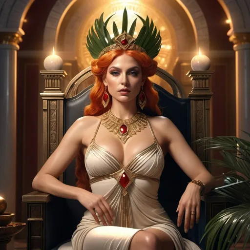 Prompt: HD 4k 3D, 8k, hyper realistic, professional modeling, ethereal Greek Goddess Queen Cassiopeia, orange hair, beige skin, gorgeous glowing face, regal gown, red gemstone jewelry and headband, evil queen, seated on throne, holding mirror and palm frond, surrounded by ambient divinity glow, detailed, elegant, mythical, surreal dramatic lighting, majestic, goddesslike aura