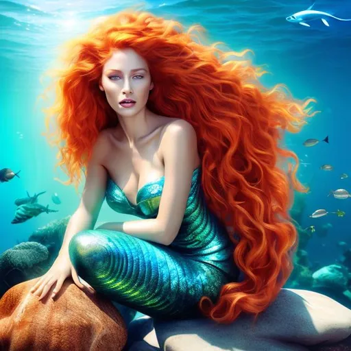 Prompt: HD 4k 3D 8k professional modeling photo hyper realistic beautiful woman ethereal greek goddess protector of mariners mermaid
orange hair gorgeous face seashell jewelry seashell headband beautiful mermaid tail full body surrounded by ambient glow hd landscape mermaid on rocks in ocean watching ships
