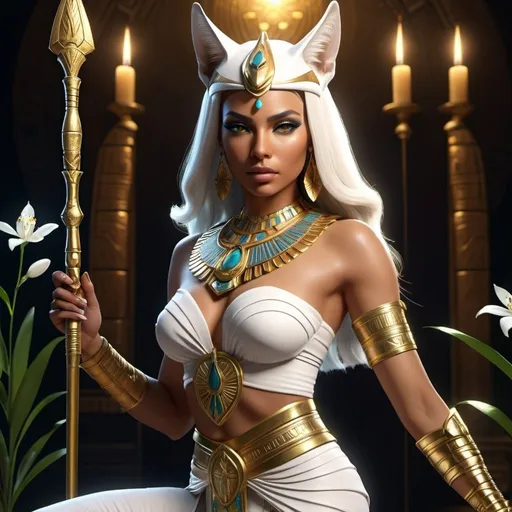 Prompt: HD 4k 3D, 8k, hyper realistic, professional modeling, ethereal Egyptian Warrior Goddess style, Caracal Goddess, beautiful huntress, jasmine flowers, glowing mixed skin, white hair, mythical warrior outfit, tiara, full body, tranquil night with blooming jasmine, Fantasy setting, surrounded by ambient divine glow, detailed, elegant, surreal dramatic lighting, majestic, goddesslike aura, octane render, artistic and whimsical