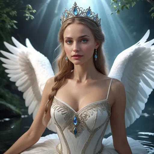 Prompt: HD 4k 3D, hyper realistic, professional modeling, enchanted Russian Princess - Odette, sorceress, beautiful, magical, Swan Lake, high fantasy background, detailed, highly realistic woman, elegant, ethereal, mythical, Greek goddess, surreal lighting, majestic, goddesslike aura