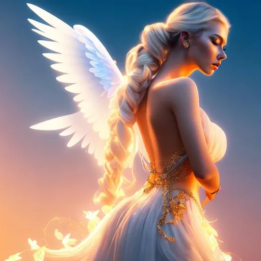 Prompt: HD 4k 3D 8k professional modeling photo hyper realistic beautiful woman ethereal greek goddess  of sunrise 
white pigtail hair pale skin gorgeous face shining gown amber jewelry amber crown she has wings like a bird full body surrounded by ambient morning glow hd landscape morning sunrise

