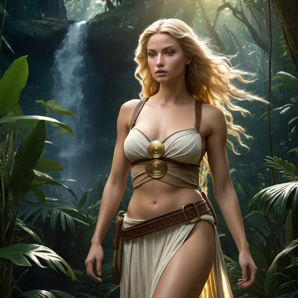 Prompt: HD 4k 3D 8k professional modeling photo hyper realistic beautiful woman enchanted, Jungle Princess Jane, a conventional damsel in distress, who must be rescued from various perils, to an educated, competent and capable adventuress in her own right, fully capable of defending herself and surviving on her own in the jungles of Africa. Jane is described in Tarzan as a beautiful, young woman, with long, blonde hair. She is between 18 and 20 years old, ethereal greek goddess, full body surrounded by ambient glow, magical, highly detailed, intricate, outdoor  landscape, high fantasy background, elegant, mythical, surreal lighting, majestic, goddesslike aura, Annie Leibovitz style 

