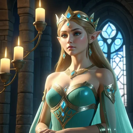 Prompt: HD 4k 3D, hyper realistic, professional modeling, enchanted Elf Princess - Zelda, beautiful, magical, mystical castle, detailed, elegant, ethereal, mythical, Greek goddess, surreal lighting, majestic, goddesslike aura