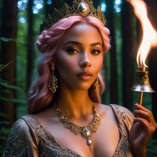 Prompt: Bell, evil Southern American witch, hyper realistic, HD 4k 3D, professional modeling, ethereal, rose pink hair, light brown skin, gorgeous face, gorgeous jewelry and diadem, nighttime in a Tennessee forest, ambient divine glow, detailed and intricate, elegant, ethereal, mythical, goddess, radiant lighting, majestic, goddesslike aura