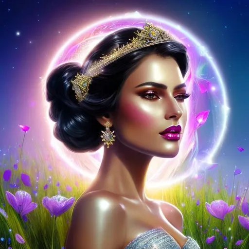 Prompt: HD 4k 3D 8k professional modeling photo hyper realistic beautiful woman ethereal greek goddess of the morning dew
white hair in bun gorgeous face black skin silvery shimmering gown with dewdrops diamond shining jewelry diamond shining crown angel wings full body surrounded by ambient glow hd landscape meadow with dew on grass and flower petals in morning

