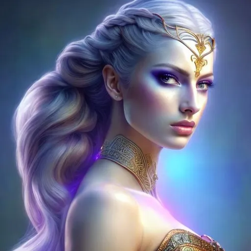 Prompt: HD 4k 3D, hyper realistic, professional modeling, ethereal Greek warrior goddess of morning gymnastics, blue and purple pulled back hair, pale skin, light blue armor, gorgeous face, sparkling jewelry and crown, full body, ambient glow of morning, alluring sun goddess at morning, gymnastics, detailed, elegant, ethereal, mythical, Greek, goddess, surreal lighting, majestic, goddesslike aura