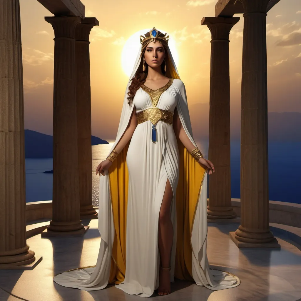 Prompt: HD 4k 3D, hyper realistic, professional modeling, ethereal Greek Muse of Sacred Poetry, dark yellow hair, brown skin, gorgeous face, grecian priestess dress with cloak and veil, sapphire jewelry and tiara, full body, serious, pensive, near a well at dusk, oracle,  detailed, elegant, ethereal, mythical, Greek, goddess, surreal lighting, majestic, goddesslike aura