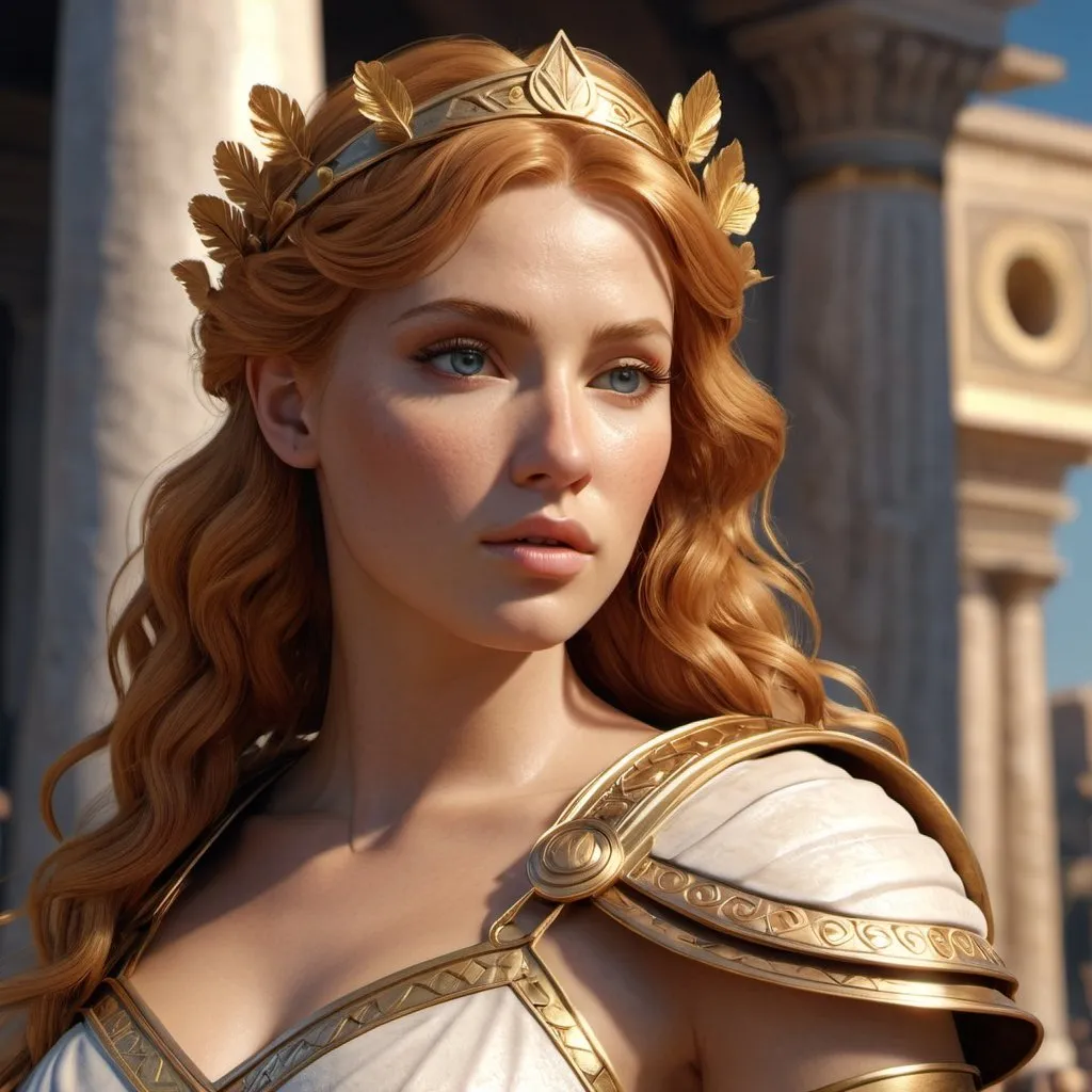 Prompt: HD 4k 3D, hyper realistic, professional modeling, enchanted strawberry blonde Greek Warrior Princess - Gabrielle, strong, beautiful, magical, bard, Rome, detailed, elegant, ethereal, mythical, Greek goddess, surreal lighting, majestic, goddesslike aura