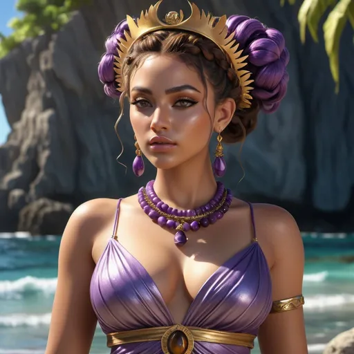 Prompt: HD 4k 3D, hyper realistic, professional modeling, ethereal Greek Goddess Island Nymph, purple messy bun, brown skin, gorgeous face, island dress, tigers eye jewelry and tropical crown, full body, Island nymph, island bluff, surrounded by divine glow, detailed, elegant, ethereal, mythical, Greek, goddess, surreal lighting, majestic, goddesslike aura