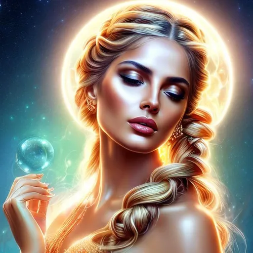 Prompt: HD 4k 3D, hyper realistic, professional modeling, ethereal Greek goddess of health, orange bubble braided hair, olive skin, gorgeous face, gorgeous radiant gown, dazzling jewelry and crown, full body, ambient glow, health goddess, ancient spa landscape, detailed, elegant, ethereal, mythical, Greek, goddess, surreal lighting, majestic, goddesslike aura