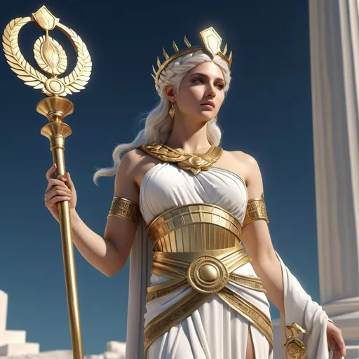 Prompt: HD 4k 3D, hyper realistic, professional modeling, ethereal Greek Muse of History, straight white hair, fair skin, gorgeous face, grecian warrior outfit, onyx jewelry and laurel crown, full body, proclaimer, glorious, holding scrolls and lyre, on mount olympus, detailed, elegant, ethereal, mythical, Greek, goddess, surreal lighting, majestic, goddesslike aura