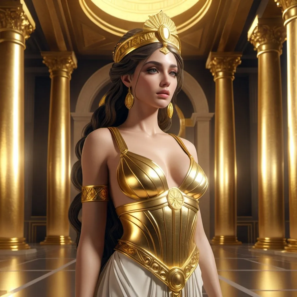 Prompt: HD 4k 3D, hyper realistic, professional modeling, enchanted Greek Princess - golden, beautiful, magical, gorgeous gold palace and riches, detailed, elegant, ethereal, mythical, Greek goddess, surreal lighting, majestic, goddesslike aura