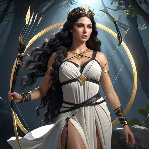 Prompt: HD 4k 3D, 8k, hyper realistic, professional modeling, ethereal Greek Goddess Heroine Atalanta, long black flowing hair, white skin, gorgeous glowing face, huntress tunic, gray gemstone jewelry and tiara, bow and arrows, bear companion, wilderness, surrounded by ambient divinity glow, detailed, elegant, mythical, surreal dramatic lighting, majestic, goddesslike aura