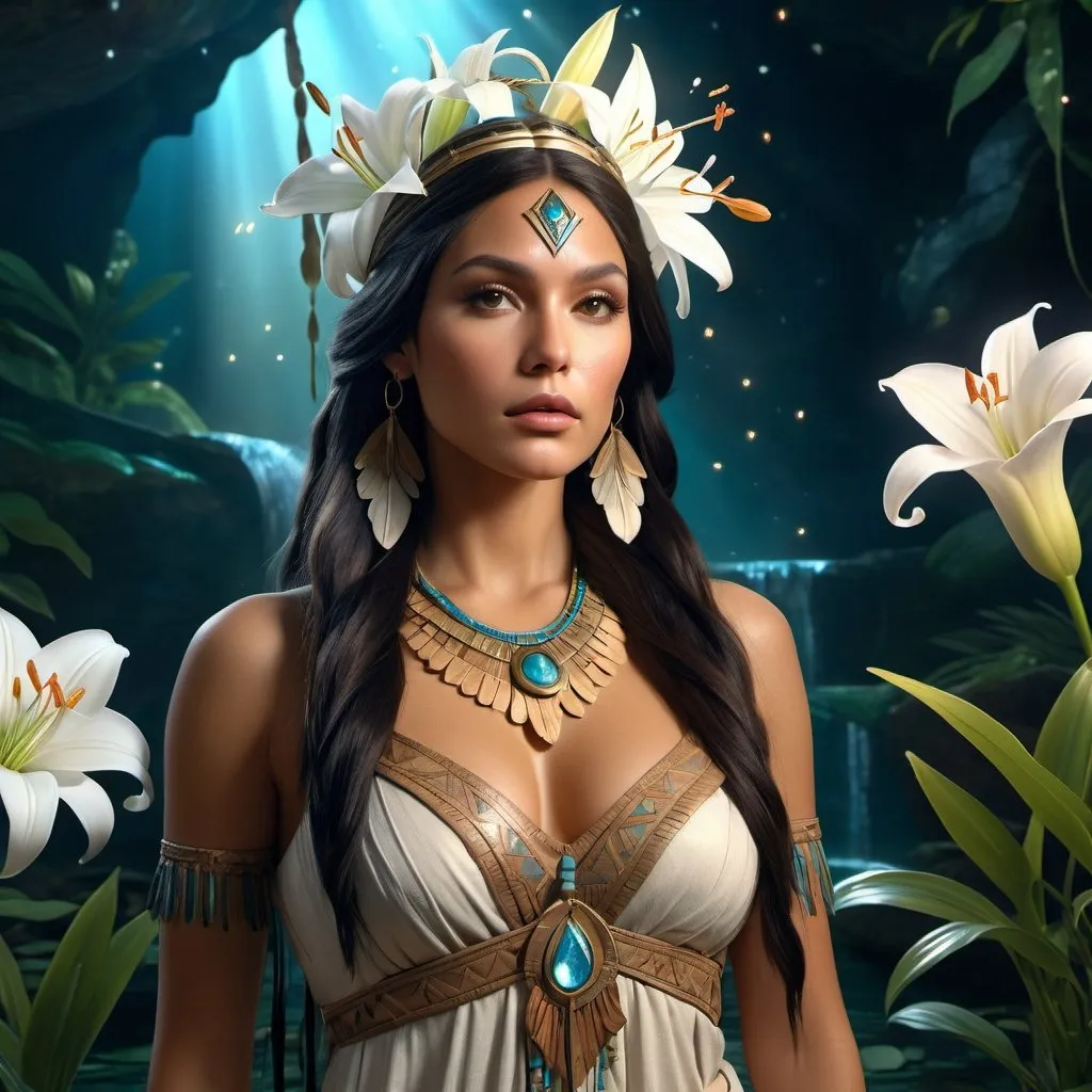 Prompt: HD 4k 3D 8k professional modeling photo hyper realistic beautiful woman Native American Princess of Neverland ethereal greek goddess gorgeous face full body surrounded by ambient glow, enchanted, magical, detailed, highly realistic woman, high fantasy background, Neverland, lilies, elegant, mythical, surreal lighting, majestic, goddesslike aura, Annie Leibovitz style 

