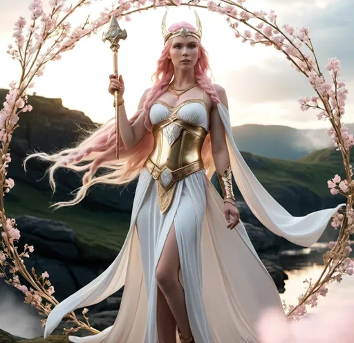Prompt: Fulla Norse Goddess maiden,  hyper realistic, HD 4k 3D, professional modeling, ethereal, light pink hair, pale skin, gorgeous face, gorgeous gold jewelry and headband, full body, ambient glow, landscape, detailed, elegant, ethereal, mythical, goddess, surreal lighting, majestic, goddesslike aura, Norse Mythology