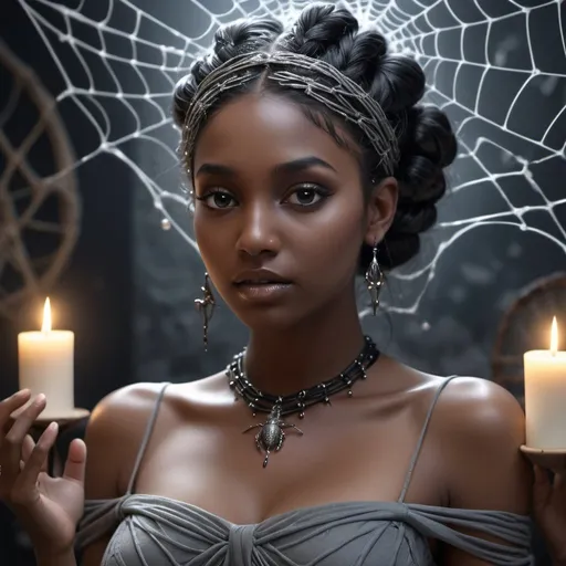 Prompt: HD 4k 3D, 8k, hyper realistic, professional modeling, ethereal Greek Goddess of Spiders, dark gray fishtail braided hair, dark skin, gorgeous face, spiderweb dress, black gemstone jewelry and baby's-breath headband, creepy dark web background, woven baskets, spiders, surrounded by ambient divine glow, detailed, elegant, ethereal, mythical, Greek, goddess, surreal lighting, majestic, goddesslike aura