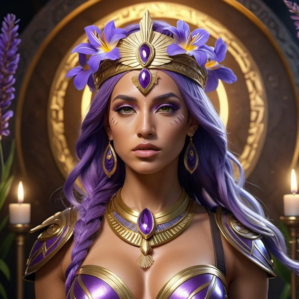 Prompt: HD 4k 3D, 8k, hyper realistic, professional modeling, ethereal Greek Goddess and Amazonian Warrior, purple hair, tan skin, gorgeous glowing face, Amazonian Warrior armor, beryl jewelry and headband, Amazon warrior, full body, adorned with iris flowers, skilled and courageous, surrounded by ambient divine glow, detailed, elegant, mythical, surreal dramatic lighting, majestic, goddesslike aura