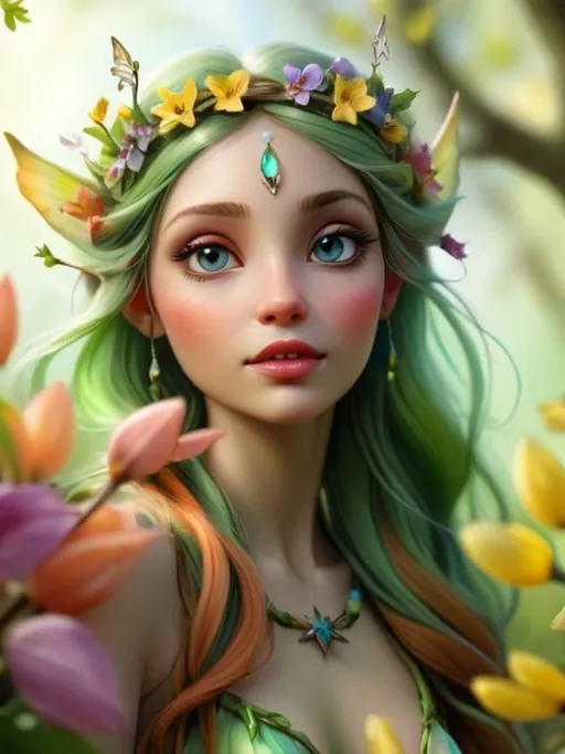 Prompt: fairy goddess with spring colors, realistic, closeup