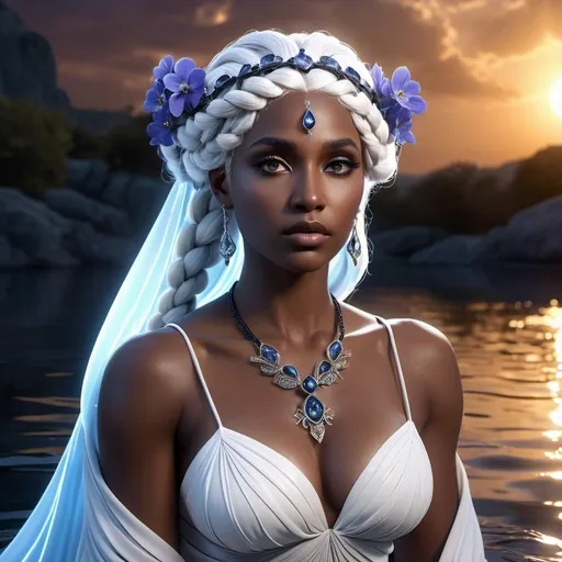 Prompt: HD 4k 3D, 8k, hyper realistic, professional modeling, ethereal Greek Goddess and Sorceress, white hair bubble braid, dark skin, gorgeous glowing face, beautiful gown, black jewelry and headpiece, River, viola flowers, magical twilight, surrounded by ambient divinity glow, detailed, elegant, mythical, surreal dramatic lighting, majestic, goddesslike aura