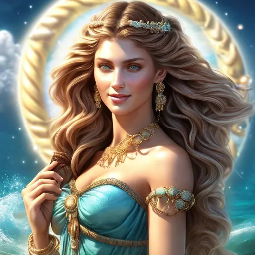 Prompt: HD 4k 3D 8k professional modeling photo hyper realistic beautiful ocean nymph woman ethereal greek goddess of fortune and fate
coral milkmaid braided hair brown eyes tan skin gorgeous face ancient grecian military costume seashell jewelry seashell crown full body surrounded by ambient glow hd landscape background standing on the bow of a boat at sea with treasure she is carrying a wheel of fortune
