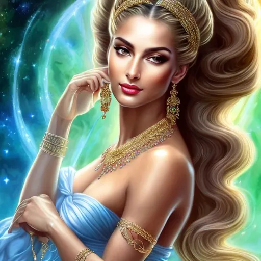 Prompt: HD 4k 3D, hyper realistic, professional modeling, ethereal Greek goddess of hygiene, blonde ponytail hair, brown skin, flowing silk gown, gorgeous face, gemstone jewelry and headband, full body, ambient glow, clean enchantress, carrying large python and potion, detailed, elegant, ethereal, mythical, Greek, goddess, surreal lighting, majestic, goddesslike aura