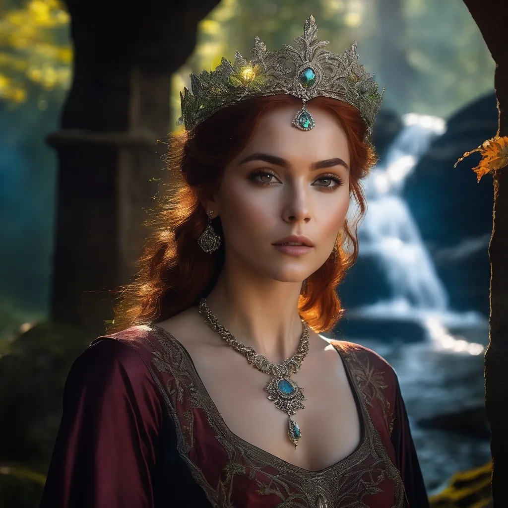 Prompt: Annis, evil English witch, hyper realistic, HD 4k 3D, professional modeling, ethereal, auburn red hair, olive skin, gorgeous face, gorgeous jewelry and headpiece, she lives in a cave with a large oak tree at the entrance in the English hills, ambient divine glow, detailed and intricate, elegant, ethereal, mythical, goddess, radiant lighting, majestic, goddesslike aura