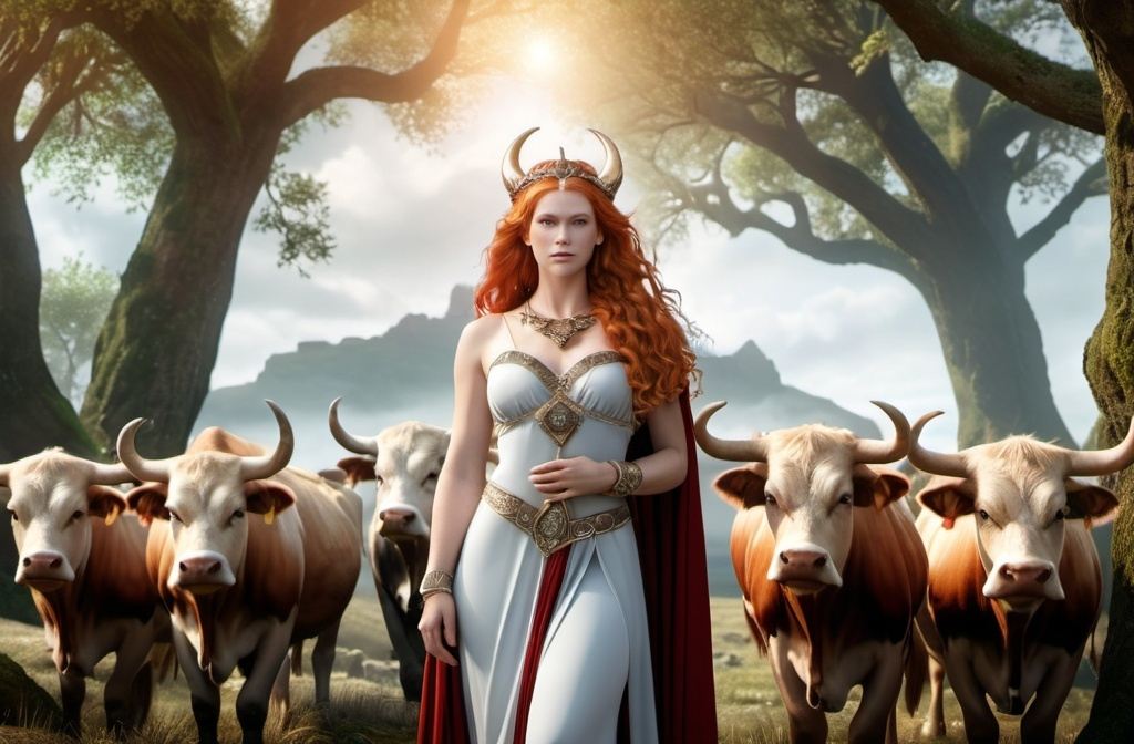 Prompt: Gefjon Norse Goddess of the Harvest and Oxen,  hyper realistic, HD 4k 3D, professional modeling, ethereal, light red  hair, fair skin, gorgeous face, gorgeous jewelry and tiara, full body, ambient glow, landscape, detailed, elegant, ethereal, mythical, goddess, surreal lighting, majestic, goddesslike aura, Norse Mythology