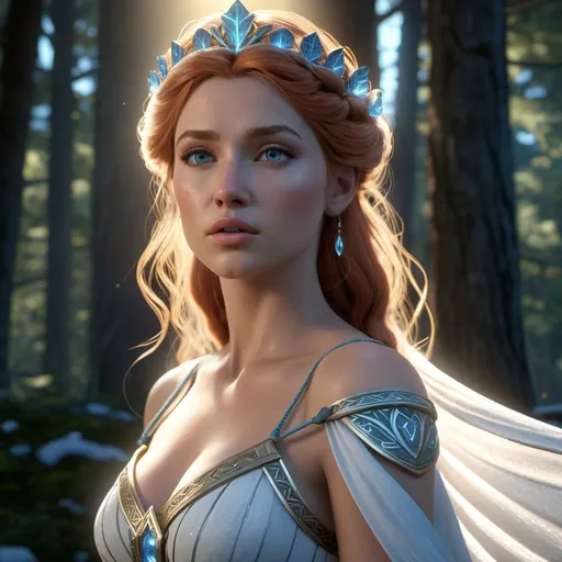 Prompt: HD 4k 3D, hyper realistic, professional modeling, enchanted Nordic Princess, Anna, beautiful, magical, strong, Nordic Wilderness, detailed, elegant, ethereal, mythical, Greek goddess, surreal lighting, majestic, goddesslike aura