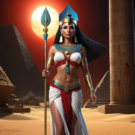 Prompt: HD 4k 3D, 8k, hyper realistic, professional modeling, ethereal Egyptian Goddess Amunet, gorgeous glowing skin, primordial goddess clothing and jewelry, red crown, full body, carrying a staff, "the hidden one", mysterious dark landscape, surrounded by ambient divine glow, detailed, elegant, mythical, surreal dramatic lighting, majestic, goddesslike aura