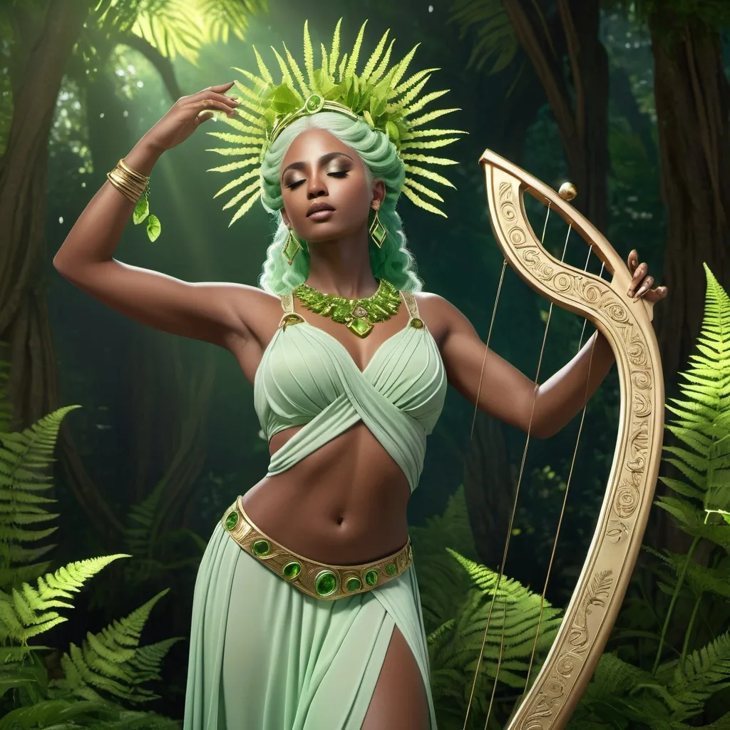 Prompt: HD 4k 3D, hyper realistic, professional modeling, ethereal Greek Muse of Dance, pale green hair, dark skin, gorgeous face, grecian two piece outfit, peridot jewelry and diadem, full body, dancer, playing lyre, surrounded by ferns, delight,  detailed, elegant, ethereal, mythical, Greek, goddess, surreal lighting, majestic, goddesslike aura