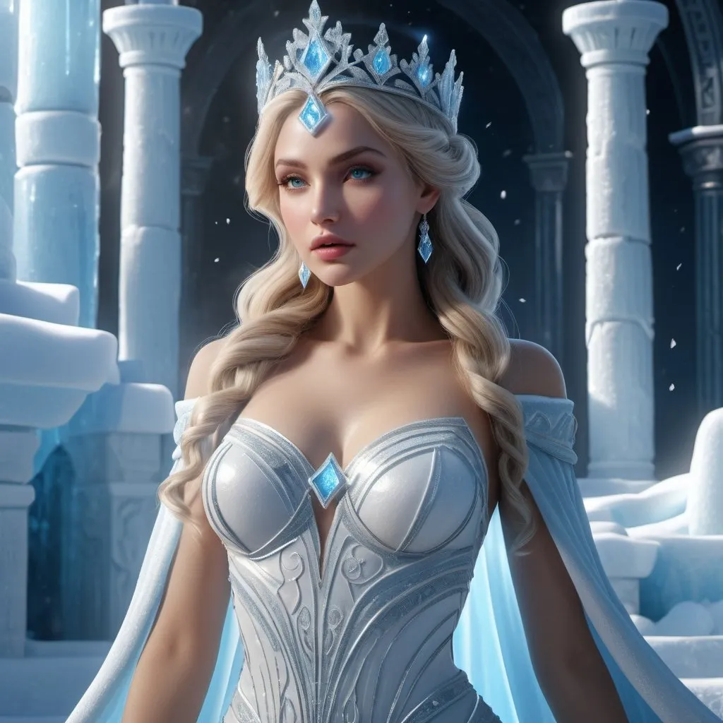 Prompt: HD 4k 3D, hyper realistic, professional modeling, enchanted Snow Princess, beautiful, magical, sorceress, ice castle, detailed, elegant, ethereal, mythical, Greek goddess, surreal lighting, majestic, goddesslike aura