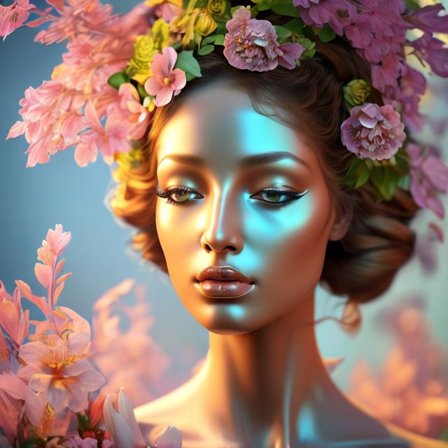 Prompt: HD 4k 3D, hyper realistic, professional modeling, ethereal Greek goddess of spring and flowers, red hair, brown skin, gorgeous face, gorgeous floral and green grecian dress, floral jewelry and flower headpiece, full body, ambient glow, flower nymph in springtime, landscape, detailed, elegant, ethereal, mythical, Greek, goddess, surreal lighting, majestic, goddesslike aura